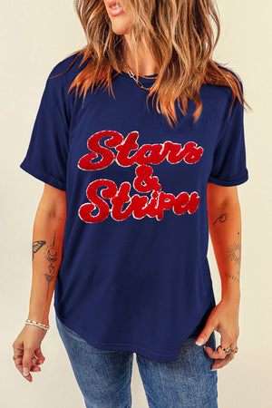 Dark blue cotton blend t-shirt with red chenille "Stars & Stripes" graphic, crew neck, short sleeves.