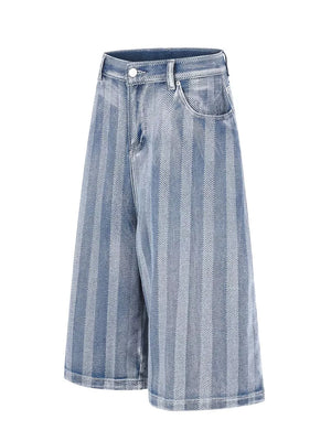 Men's Stripe Wide Leg Denim Capris in Blue, side view