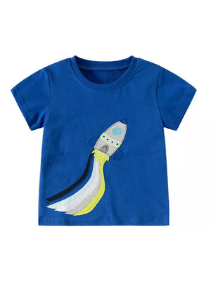Blue toddler t-shirt with a rocket graphic and colorful flame trail.