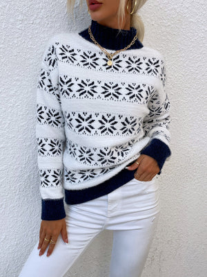 White and navy fair isle mock neck sweater with snowflake pattern