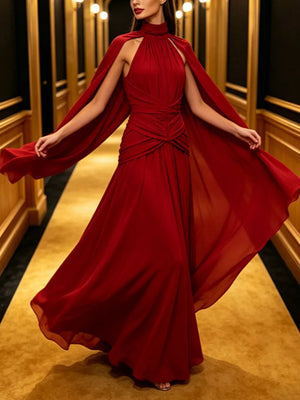 Ruched Halter Neck Cape Maxi Dress in Red, side view