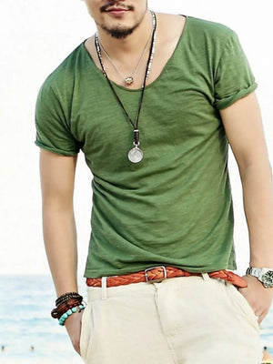 Men's Grass Green cotton tee with relaxed scoop neck and cuffed short sleeves.
