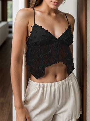 Black embroidered ruffle cami top with V-neck and spaghetti straps.