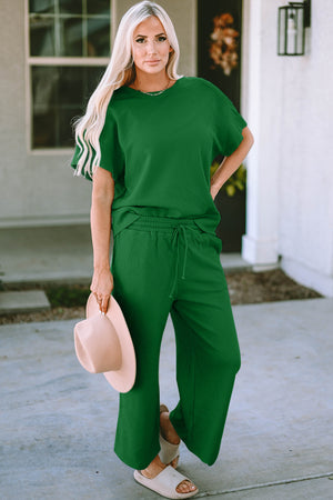 Green textured knit tee and wide leg pants set with drawstring waist.