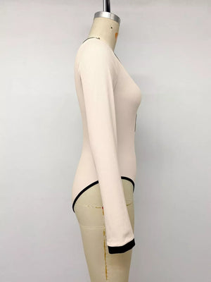 Ribbed V-neck Long Sleeve Bodysuit in Tan, alternate angle