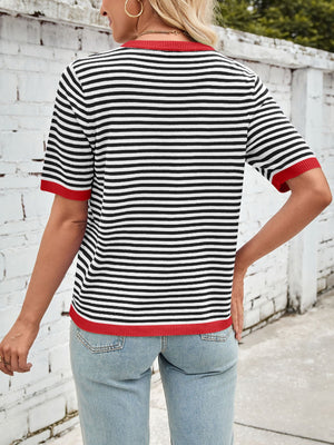 Striped knit tee with red trim and short sleeves.