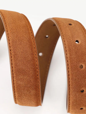 Brown suede leather belt with visible stitching and holes
