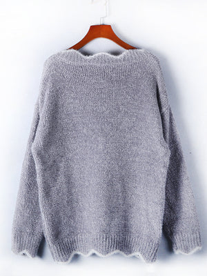 Grey acrylic knit sweater with scalloped trim V-neck and hem