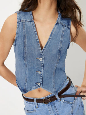 Light wash denim cropped bustier vest with button front and V-neck