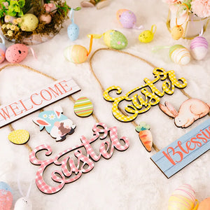 Easter wooden hanging decor with bunnies, carrots, and gingham patterns in pink and yellow styles.
