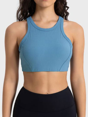 Blue ribbed racerback crop top with contour stitching and high neckline