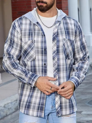 Plaid long sleeve button-up hoodie in light blue with chest pockets.