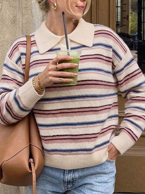 Ribbed Knit Long-sleeve Sweater in Pink, front view