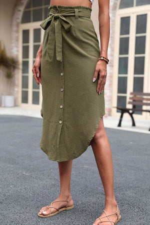 Olive asymmetric midi skirt with tie waist and button front