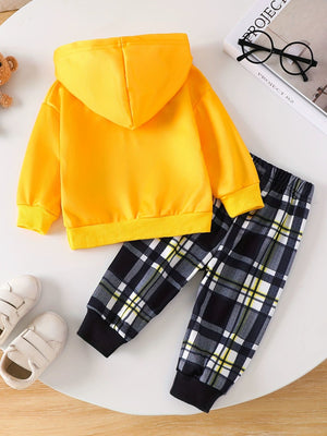 Baby yellow hoodie with plaid pants set.