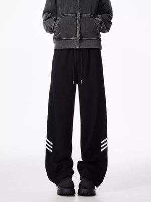 Black sweatpants with drawstring and white stripe detail on leg