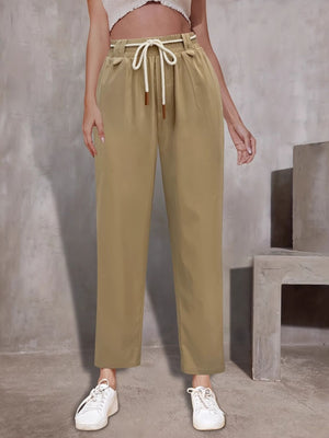 Khaki drawstring waist wide-leg trousers with a relaxed fit and tie detail.