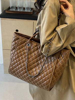 Quilted Chain Shoulder Bag in Brown, model styling view