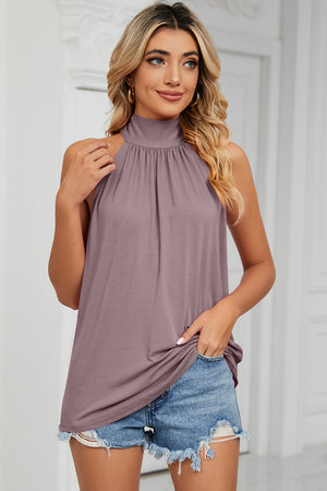 Lilac high neck halter tank top with gathered neckline detail