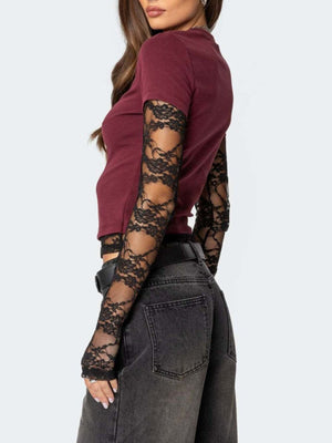Wine red fitted t-shirt with black lace sleeves and crew neck.