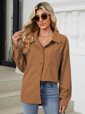 Caramel corduroy overshirt with button front and chest pockets.