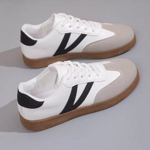 Round Toe Lace Up Sneakers in White, model styling view