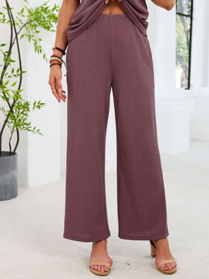 Plum purple waffle knit wide leg pants with a comfortable fit.