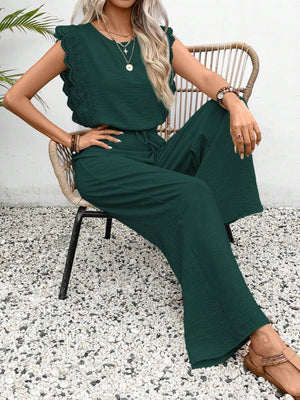 Dark Green textured ruffle sleeve drawstring jumpsuit with wide legs