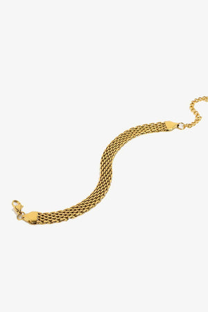 Gold woven chain bracelet with lobster clasp and adjustable chain extender.