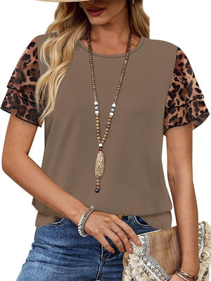 Brown t-shirt with layered leopard print ruffled short sleeves and a crew neck.