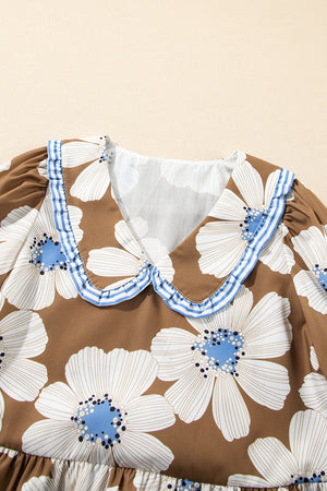 Brown floral print blouse with Peter Pan collar and blue stripe trim