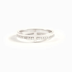 Silver cross ring with diamond trim detail