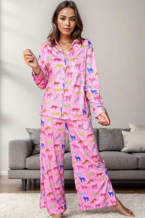Pink leopard print pajama set with long sleeves and wide-leg pants.