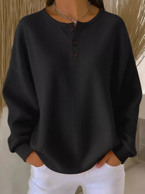 Full Size Waffle Knit Button Detail Top Plus Size in Orange, close-up detail