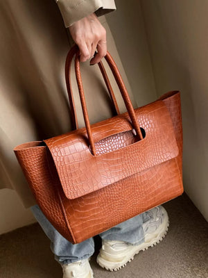 Crocodile-embossed Shoulder Bag in Brown, model styling view