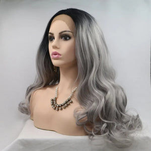 Silver ombre lace front wig with black roots and wavy texture.