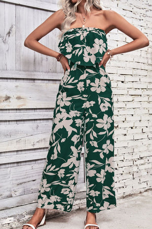 Dark green floral ruffle bandeau palazzo jumpsuit with wide legs
