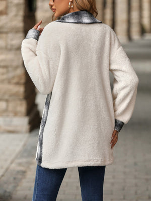 Cream teddy shacket with plaid collar and cuffs, casual long sleeve outerwear.