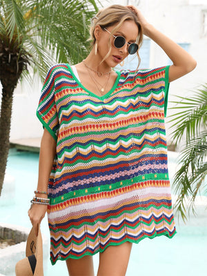 Chevron knit beach cover-up with V-neck and multicolor stripes.