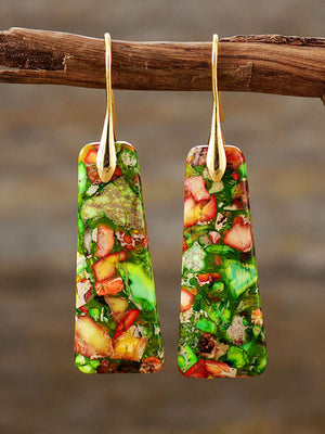 Geometric stone drop earrings in multicolor with gold hooks.