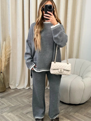 Gray relaxed fit sweater set with contrast trim on neckline, cuffs, and hem.