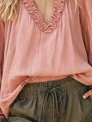 Frill V-neck Long Sleeve Blouse in White, back view