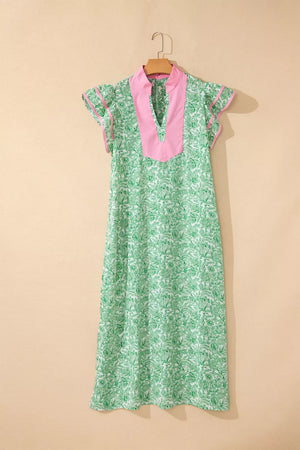 Green botanical print midi dress with pink collar and flutter sleeves