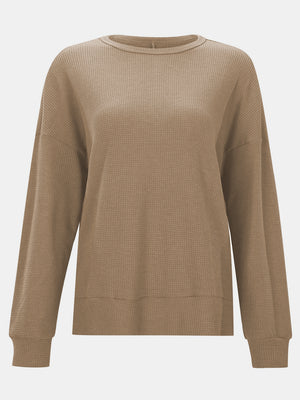 Tan waffle knit crewneck relaxed fit long sleeve top