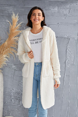 Cream plush hooded duster with thumbhole cuffs and pockets