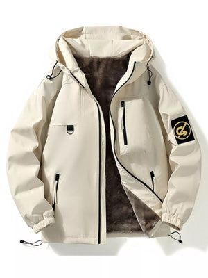 Beige plush lined hooded utility jacket with drawstring, zip pockets, and patch detail.
