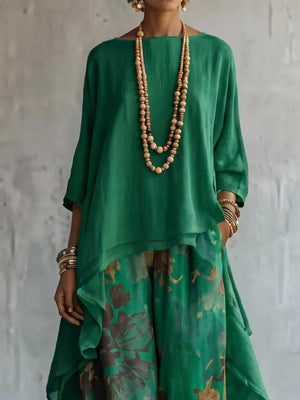 Asymmetrical Hem Top And Floral Pants Set, alternate angle