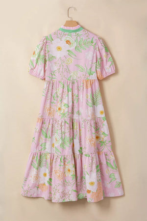 Pink floral tiered midi dress with puff sleeves and green trim