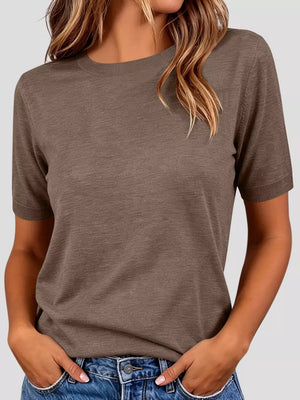 Classic Crew Neck Short Sleeve Knit Top in Dark Brown, view 19