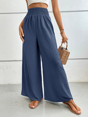 Dusty Blue textured palazzo lounge trousers with smocked waist